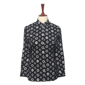 Womens Silky Satin Shirt Black Gray Geometric Blouse Button Up Dressy Top Medium